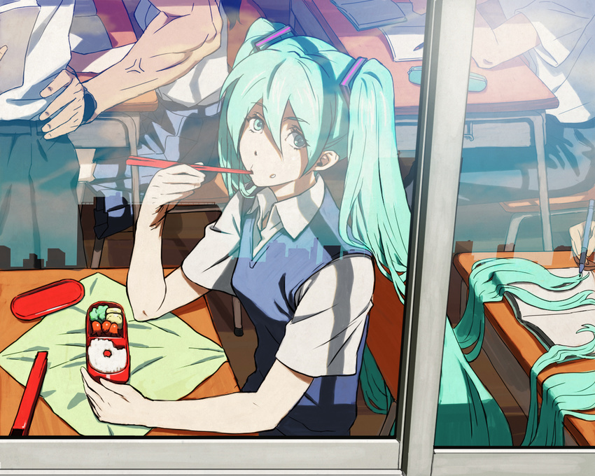 2girls age_difference alternate_costume aqua_eyes aqua_hair bangs black_hair book breasts building chair chopsticks chopsticks_in_mouth cityscape classroom collared_shirt desk eating food food_on_face hair_between_eyes hair_ornament hand_on_hip hatsune_miku holding indoors long_hair looking_at_viewer looking_back lunch multiple_boys multiple_girls muscle obentou open_book pants pen pleated_skirt reflection rice school_desk school_uniform shirt short_sleeves silhouette sitting skirt skyscraper small_breasts solo_focus sweater_vest teacher twintails veins very_long_hair vocaloid watch window wristwatch writing yoshimura_ken'ichirou