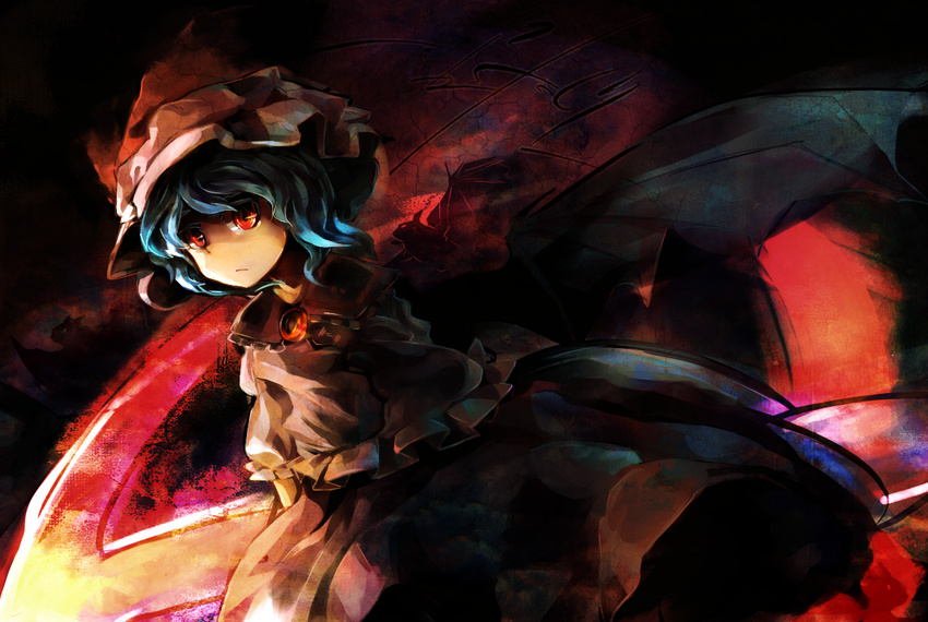 bad_id bad_pixiv_id blue_hair dress expressionless gn hat hat_ribbon red_eyes remilia_scarlet ribbon solo touhou wings