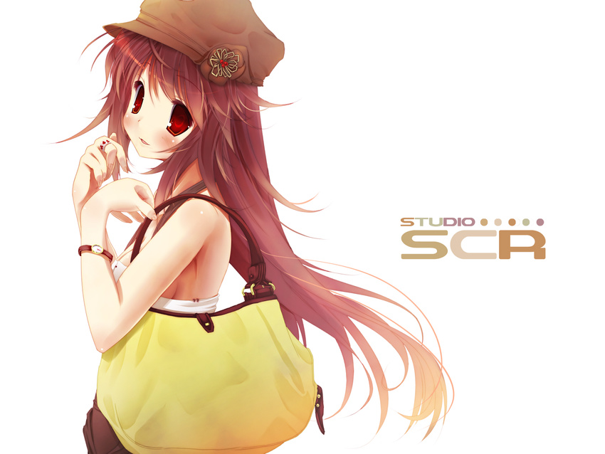 bag bare_shoulders blush handbag hat highres jewelry long_hair original red_eyes red_hair ring scarlet_(studioscr) solo wallpaper watch wristwatch