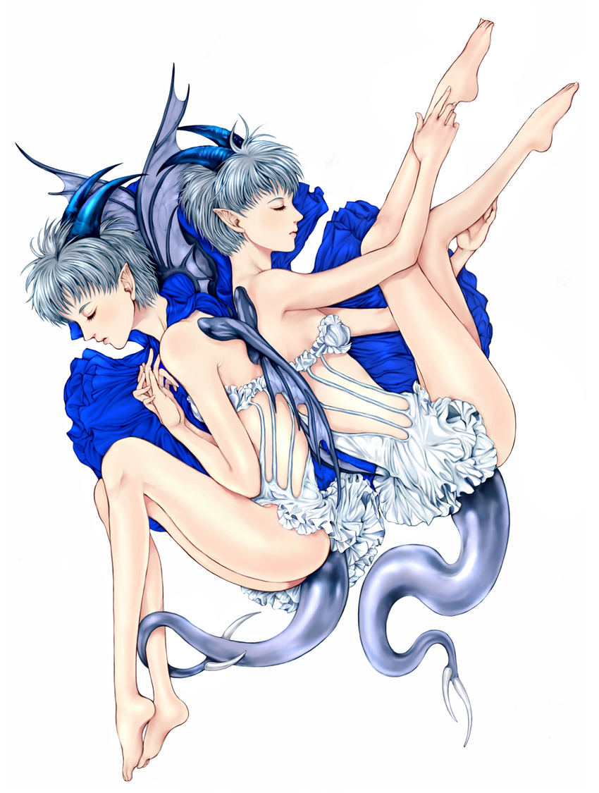 back-to-back bad_id bad_pixiv_id bare_shoulders barefoot closed_eyes demon_girl demon_tail demon_wings dress feet fingernails flat_chest highres horns junji_(pixiv579990) lips multiple_girls original pointy_ears short_dress siblings silver_hair sisters tail twins wings