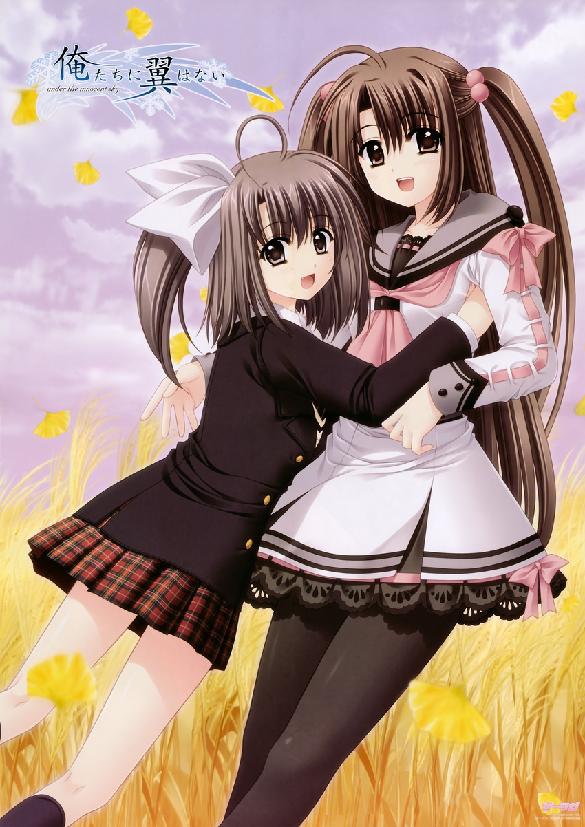 absurdres ahoge black_legwear blush bow brown_eyes brown_hair copyright_name dress ginkgo grey_eyes grey_hair hair_bobbles hair_ornament highres hug huge_filesize logo multiple_girls nishimata_aoi ootori_naru oretachi_ni_tsubasa_wa_nai pantyhose pink_bow plaid plaid_skirt school_uniform side_ponytail skirt socks twintails watarai_asuka