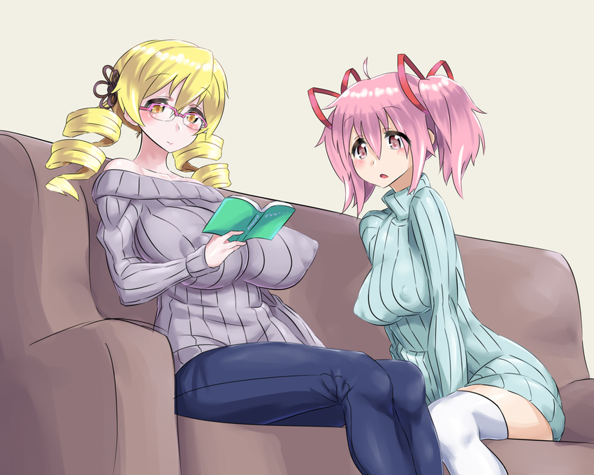 alternate_breast_size bare_shoulders blonde_hair blush book breasts casual couch covered_nipples drill_hair glasses hair_ribbon highres huge_breasts impossible_clothes impossible_sweater kaname_madoka large_breasts mahou_shoujo_madoka_magica mizuumi_(bb) multiple_girls open_mouth pants pink_eyes pink_hair reading ribbon strapless sweater thighhighs tomoe_mami twin_drills twintails white_legwear