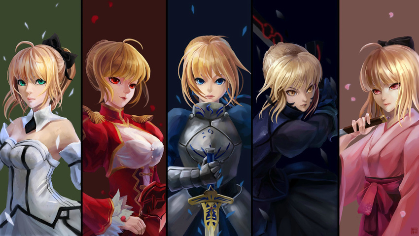 aestus_estus ahoge artoria_pendragon_(all) bad_id bad_pixiv_id blonde_hair caliburn dark_excalibur dress excalibur fate/extra fate/stay_night fate/unlimited_codes fate_(series) highres koha-ace luhan_wanyan_cat multiple_girls multiple_persona nero_claudius_(fate) nero_claudius_(fate)_(all) okita_souji_(fate) okita_souji_(fate)_(all) saber saber_alter saber_lily sword tantou weapon