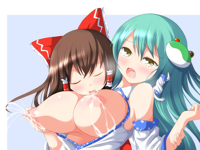 blush bow breasts brown_hair closed_eyes deego_(omochi_bazooka) frog_hair_ornament green_hair hair_bow hair_ornament hair_tubes hakurei_reimu kochiya_sanae lactation large_breasts licking long_hair multiple_girls nipple_licking nipples open_mouth tears tongue tongue_out touhou yuri