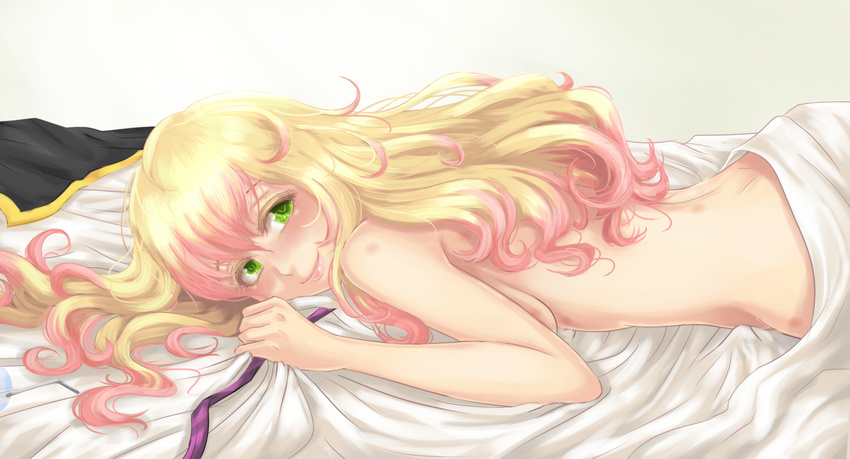 1girl arc_system_works artist_request bed bed_sheet blanket blazblue blonde_hair blush breast_press breasts cape dimples_of_venus female glasses gradient_hair green_eyes large_breasts long_hair looking_at_viewer lying multicolored_hair necktie nude on_stomach pink_hair sheet_grab sheets smile solo toscabear trinity_glassfield