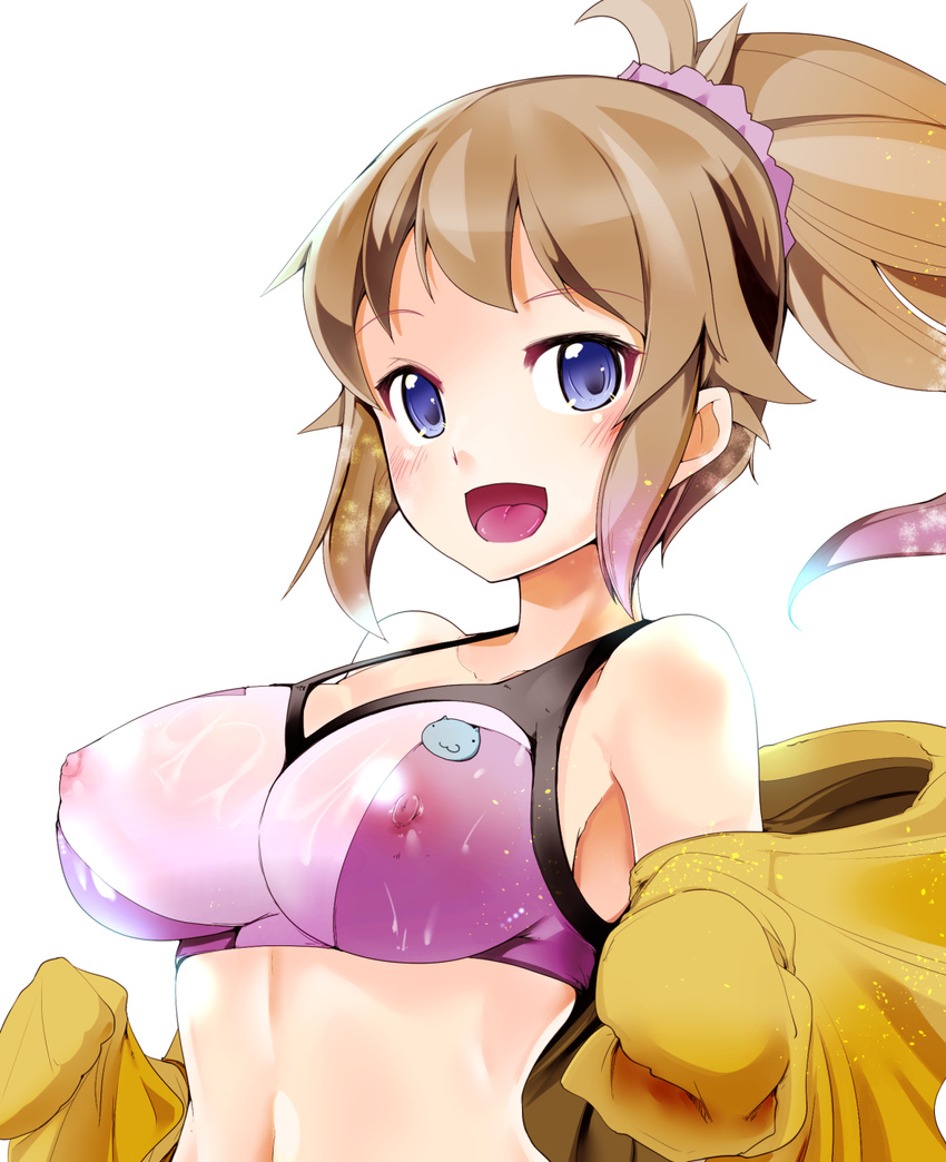 blue_eyes blush breasts brown_hair covered_nipples gundam gundam_build_fighters gundam_build_fighters_try highres hoshino_fumina jacket large_breasts looking_at_viewer open_clothes open_jacket open_mouth ponytail short_hair smile solo sports_bra sweat takara_akihito