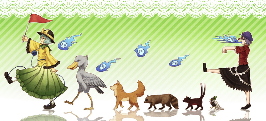 bird cape cat dog flag ghost green_eyes green_hair hat jiangshi kaenbyou_rin kaenbyou_rin_(cat) komeiji_koishi miyako_yoshika multiple_girls multiple_tails ofuda open_mouth outstretched_arms reiuji_utsuho reiuji_utsuho_(bird) shoebill short_hair skirt smile tail tanuki third_eye touhou urin zombie_pose