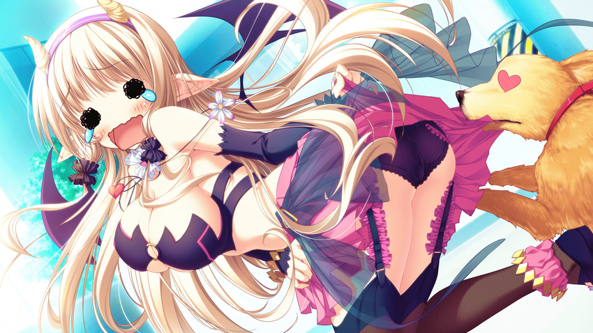 1girl animal blonde_hair breasts cleavage dog game_cg garter_straps highres horns julia_lin_road large_breasts long_hair magical_marriage_lunatics!! o-ring_top open_mouth panties pantyshot pointy_ears solo thighhighs underwear upskirt yamakaze_ran