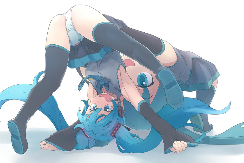 aqua_eyes aqua_hair armpits ass assisted_exposure black_footwear blouse boots bow bow_panties detached_sleeves embarrassed hatsune_miku hayyan headphones highres humiliation long_hair mikudayoo necktie open_mouth panties skirt suplex thigh_boots thighhighs thighs underwear upside-down upskirt vocaloid wavy_mouth white_background white_panties