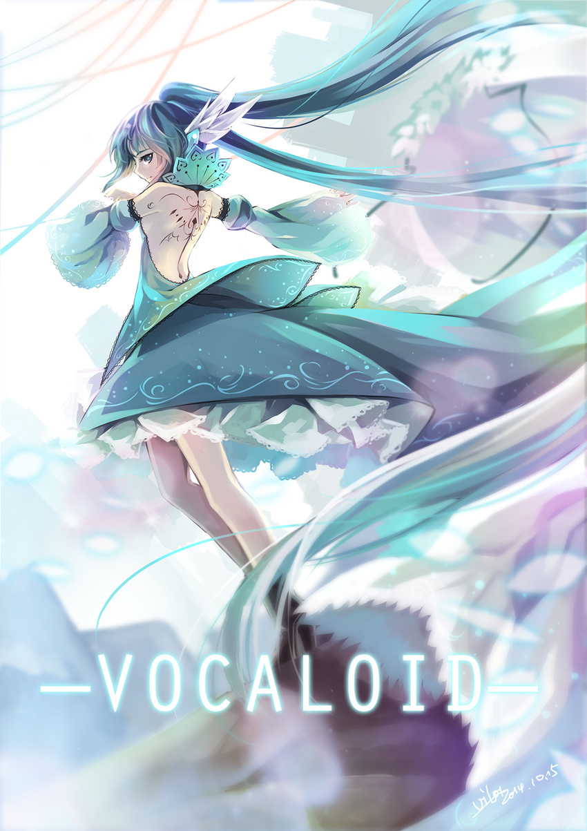 2014 aqua_eyes aqua_hair artist_name bad_id bad_pixiv_id copyright_name dated detached_sleeves dress floating_hair hatsune_miku highres long_hair looking_back outstretched_arm solo tattoo twintails very_long_hair vilor vocaloid