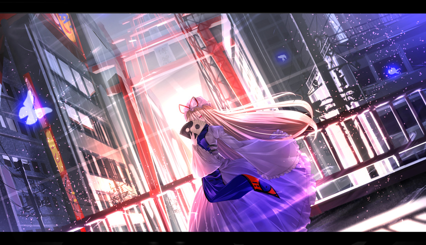 blonde_hair bug building butterfly covering_mouth dutch_angle fan folding_fan glowing hat hat_ribbon holding insect letterboxed long_hair long_sleeves petals railing red_eyes revision ribbon ryosios solo torii touhou very_long_hair white_legwear wide_sleeves wind yakumo_yukari