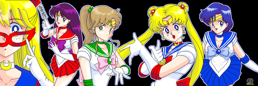 5girls aino_minako back_bow bishoujo_senshi_sailor_moon blonde_hair blue_bow blue_choker blue_eyes blue_hair blue_sailor_collar blue_skirt bow breasts brooch brown_hair choker cleavage crescent_moon dated dithering double_bun earrings elbow_gloves fighting_stance gloves green_choker green_eyes green_sailor_collar hair_ornament hino_rei inner_senshi jewelry kino_makoto long_hair magical_girl mask medium_breasts mizuno_ami moon multiple_girls non-web_source ofuda open_mouth pink_bow pixel_art purple_eyes purple_hair red_bow red_choker red_sailor_collar red_skirt sailor_collar sailor_jupiter sailor_mars sailor_mercury sailor_moon sailor_senshi sailor_senshi_uniform sailor_v short_hair skirt smile tiara tsukino_usagi twintails white_choker white_gloves