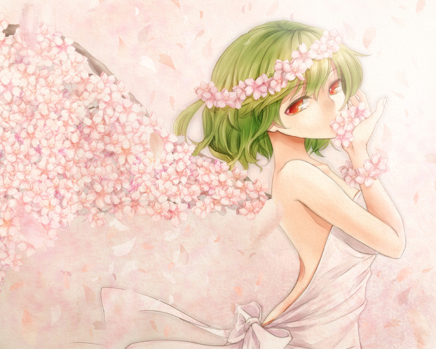 backless_outfit bare_back bare_shoulders cherry_blossoms dress flower_bracelet flower_wings green_hair head_wreath kazami_yuuka looking_at_viewer petals plant_wings red_eyes shironeko_yuuki short_hair solo strapless strapless_dress touhou wings