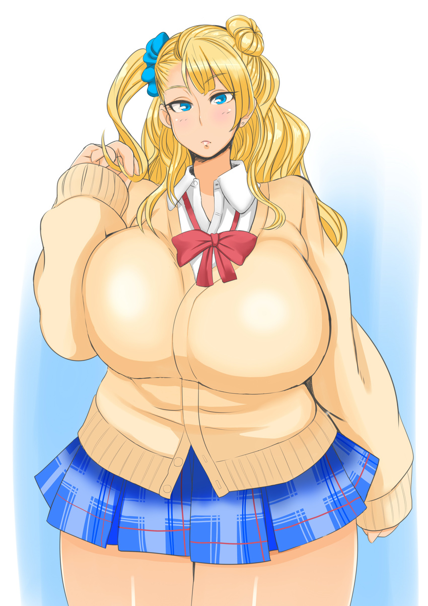 absurdres blonde_hair blue_eyes breasts galko highres huge_breasts long_hair looking_at_viewer morisoba_(silent_hill) oshiete!_galko-chan plaid plaid_skirt school_uniform skirt solo sweater thighs