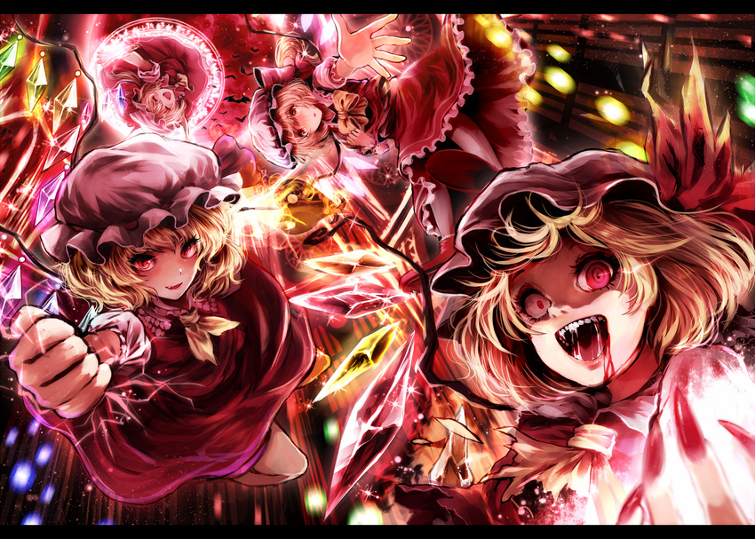 ascot blonde_hair bow crazy_eyes danmaku flandre_scarlet four_of_a_kind_(touhou) hat hat_bow kotonoman magic_circle multiple_girls multiple_persona red_eyes saliva touhou wings