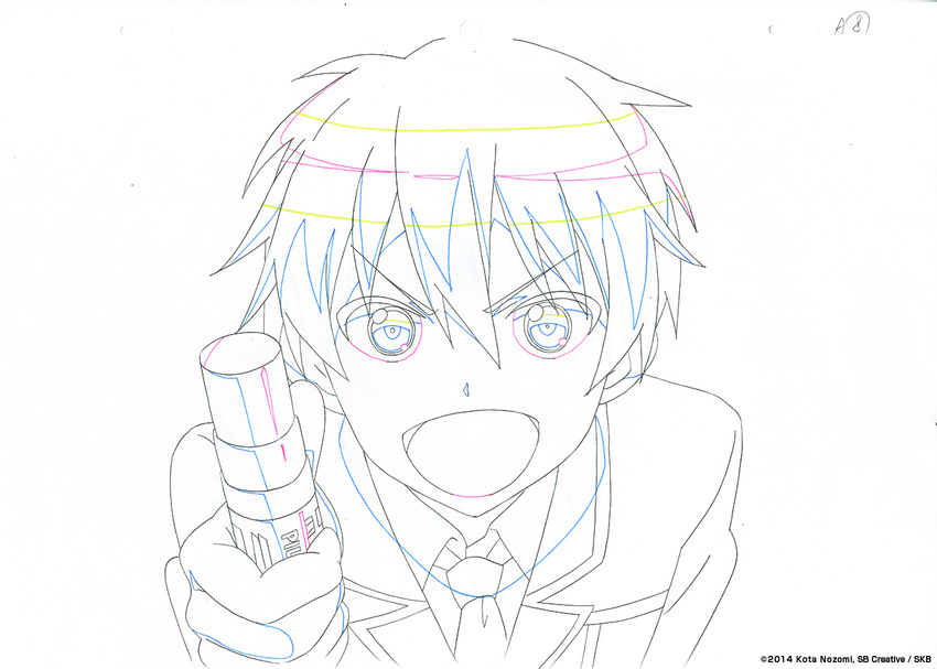 :d andou_jurai inou-battle_wa_nichijou-kei_no_naka_de key_frame looking_at_viewer male_focus marker messy_hair mouth necktie official_art open_mouth partially_colored production_art production_note school_uniform smile solo trigger_(company) white_background