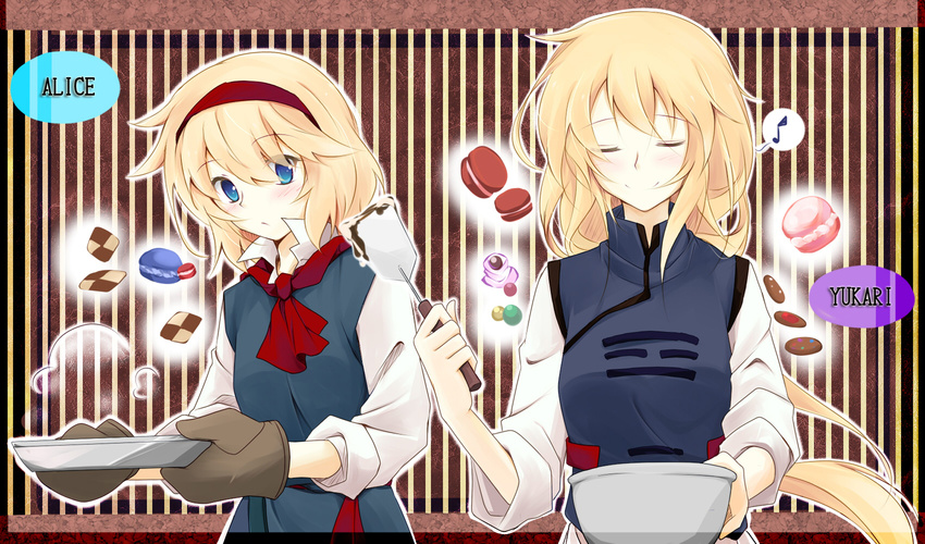 alice_margatroid baking blonde_hair blue_dress blue_eyes blush bowl breasts candy character_name checkerboard_cookie chocolate closed_eyes collared_shirt cookie cooking dress eighth_note faech food headband highres holding long_hair long_sleeves macaron medium_breasts multiple_girls musical_note oven_mitts patterned_background shirt short_hair sleeves_rolled_up smile spoken_musical_note steam tabard touhou white_dress yakumo_yukari