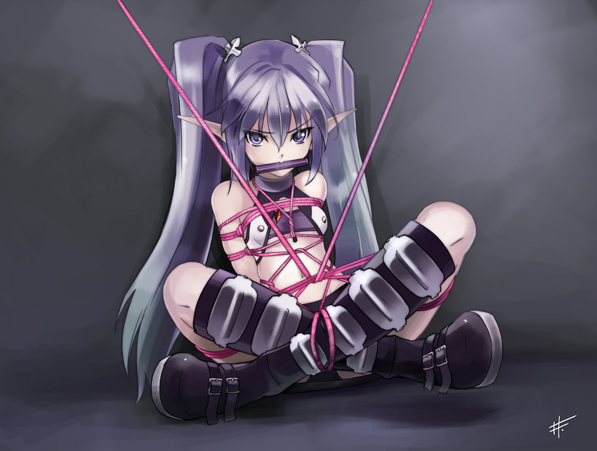 agarest_senki agarest_senki_(series) bdsm bit_gag bondage bound breast_bondage breasts elf fyuria_(agarest_senki) gag gagged highres long_hair navel pointy_ears purple_eyes sharpffffff silver_hair sitting small_breasts solo twintails