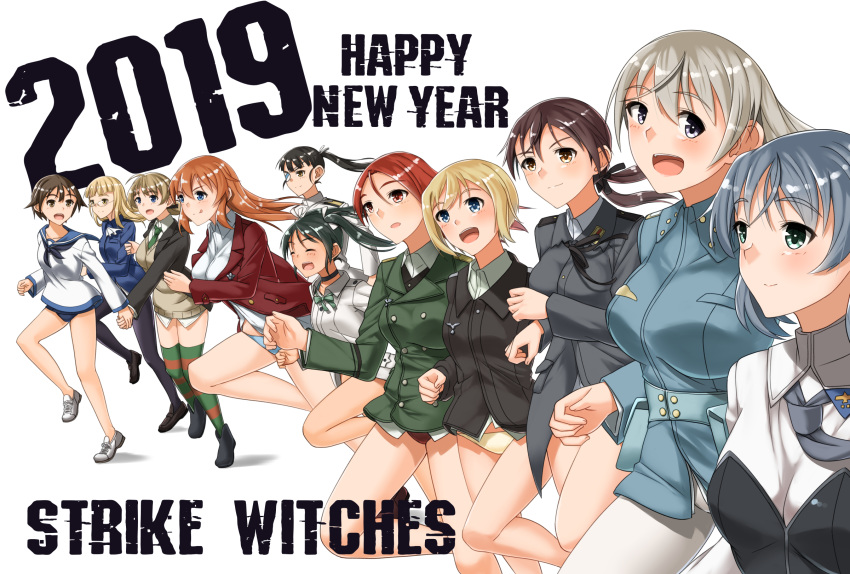 6+girls black_legwear black_neckwear blonde_hair blue_eyes blush breasts brown_eyes brown_hair charlotte_e_yeager eila_ilmatar_juutilainen erica_hartmann eyebrows_visible_through_hair eyes_closed francesca_lucchini gertrud_barkhorn glasses green_eyes green_hair hair_ornament hair_ribbon hand_holding highres hiroshi_(hunter-of-kct) large_breasts lynette_bishop military military_uniform minna-dietlinde_wilcke miyafuji_yoshika multiple_girls neckerchief open_mouth panties perrine_h_clostermann ponytail red_eyes red_hair red_panties ribbon running sakamoto_mio sanya_v_litvyak short_hair simple_background small_breasts strike_witches striped striped_legwear swimsuit thighhighs tongue tongue_out twintails underwear uniform white_background white_hair white_legwear white_panties world_witches_series yellow_eyes