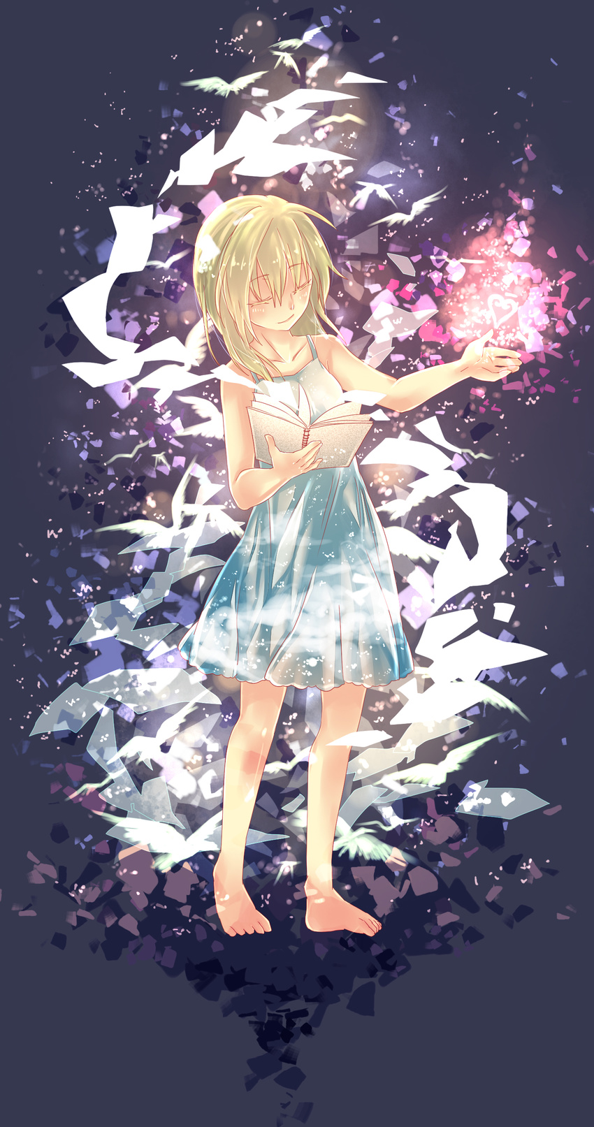 absurdres bare_legs barefoot bird blonde_hair book closed_eyes commentary dress highres kingdom_hearts kingdom_hearts_358/2_days kingdom_hearts_ii multicolored multicolored_background namine pages paper short_hair shuumatsu_(lulux_woodoo) sleeveless solo white_dress