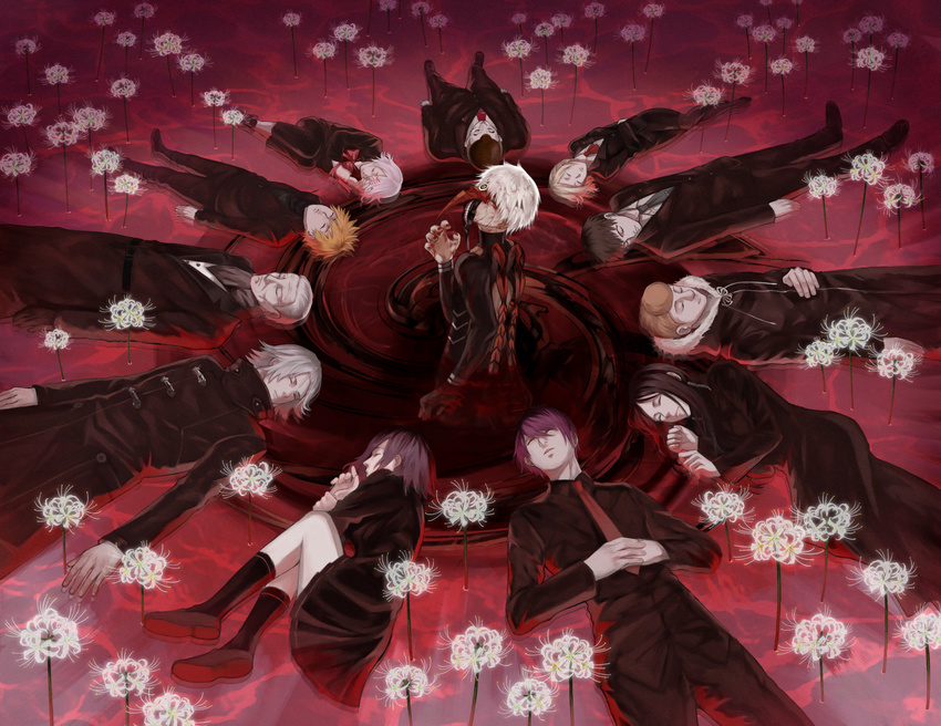 6+boys amon_koutarou banjou_kazuichi black_hair blonde_hair blood blood_on_face bow closed_eyes flower formal highres jacket kagune_(tokyo_ghoul) kaneki_ken kirishima_touka looking_at_viewer mado_akira mask multiple_boys multiple_girls nagachika_hideyoshi necktie nishio_nishiki shinohara_yukinori skirt suzuya_juuzou tokyo_ghoul tsukiyama_shuu white_hair xino yomo_renji yoshimura_(tokyo_ghoul)