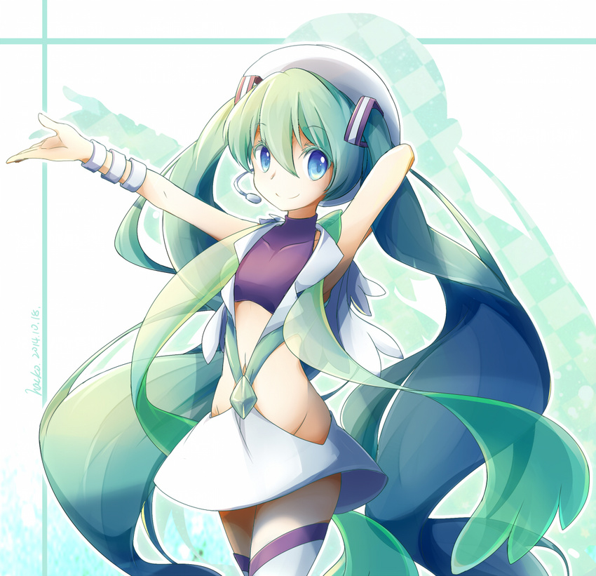 2014 arms_up artist_name blue_eyes bracelet cosplay dated green_hair hacko hat hatsune_miku headset jewelry long_hair mikuri_(pokemon) mikuri_(pokemon)_(cosplay) navel outstretched_arm pokemon pokemon_(game) pokemon_oras skirt smile solo thighhighs twintails very_long_hair vocaloid