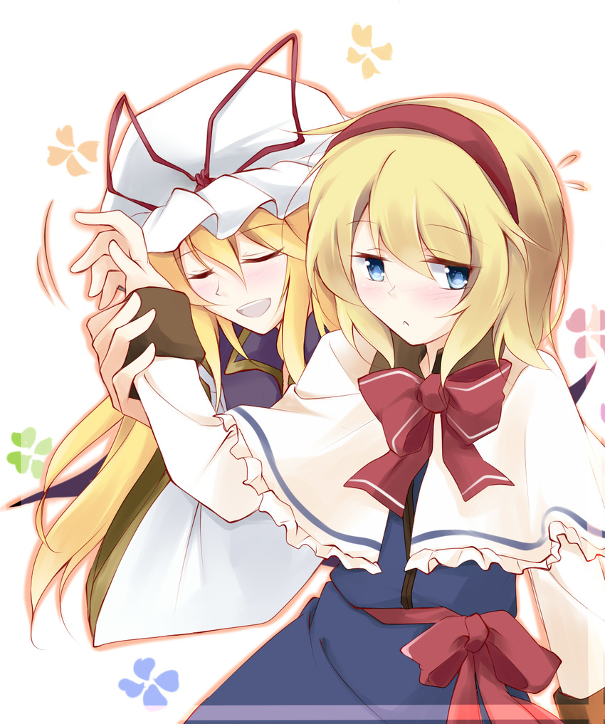 ^_^ ^o^ alice_margatroid blonde_hair blue_dress blue_eyes blush bow bowtie capelet closed_eyes commentary_request dress expressionless faech flying_sweatdrops frown happy hat hat_ribbon headband highres holding_arm hug long_hair long_sleeves looking_away mob_cap multiple_girls open_mouth parted_lips red_bow red_neckwear ribbon short_hair simple_background sleeve_cuffs smile tabard touhou upper_body white_background wide_sleeves yakumo_yukari yuri