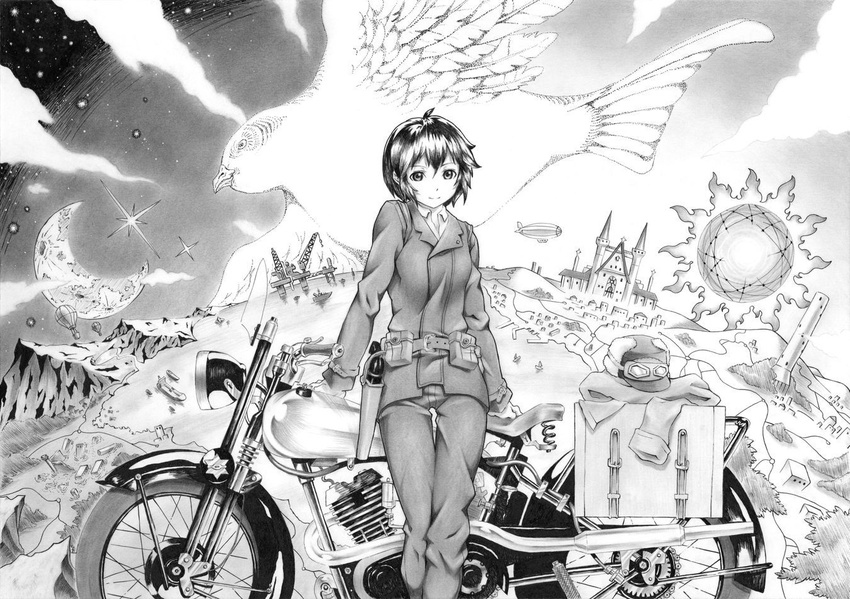 aircraft belt bird brough_superior church cloud coat dirigible goggles greyscale ground_vehicle gun hat hermes kino kino_no_tabi monochrome moon motor_vehicle motorcycle mountain ocean oil_tanker reverse_trap ship short_hair sky smile star star_(sky) starry_sky sun tomboy village watercraft weapon yasuaki