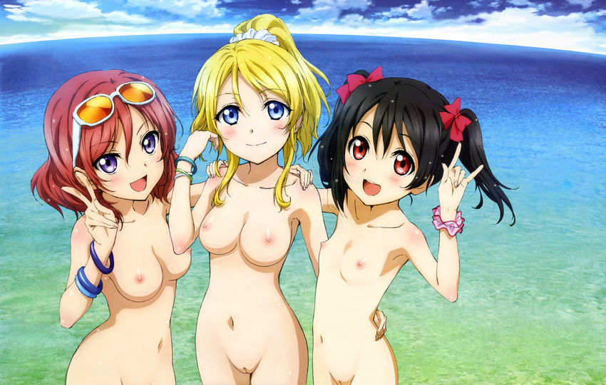 3girls :d absurdres animedia ayase_eli black_hair blonde_hair bow breasts cleavage girl_sandwich hair_bow halterneck hand_on_another's_shoulder hand_on_another's_shoulder highres long_hair love_live!_school_idol_project medium_breasts multiple_girls navel nipples nishikino_maki nude nude_filter ocean official_art open_mouth photoshop pussy saita_hiroyuki sandwiched short_hair small_breasts smile sunglasses sunglasses_on_head twintails uncensored yazawa_nico