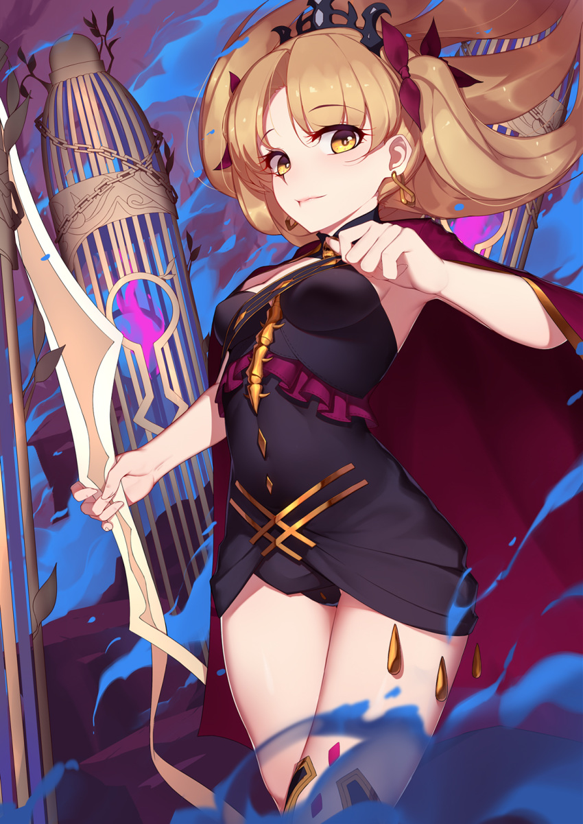1girl blonde_hair breasts cage cape crown earrings ereshkigal_(fate/grand_order) fate/grand_order fate_(series) hair_ribbon highres holding holding_weapon jewelry langya_beike light_smile long_hair looking_at_viewer ribbon smile solo thighhighs two_side_up weapon yellow_eyes