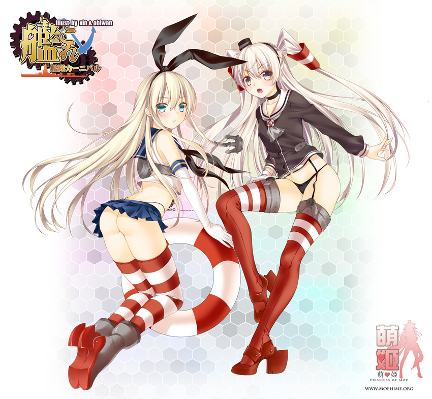 amatsukaze_(kantai_collection) anchor_hair_ornament aqua_eyes artist_name ass black_panties blonde_hair blush brown_eyes choker elbow_gloves garter_straps gloves hair_ornament hair_tubes hairband hex_grid highleg highleg_panties highres innertube kantai_collection long_hair looking_at_viewer microskirt multiple_girls obiwan open_mouth panties red_legwear school_uniform serafuku shimakaze_(kantai_collection) silver_hair single_glove skirt striped striped_legwear thighhighs thong two_side_up underwear very_long_hair watermark web_address weisuoxin white_gloves