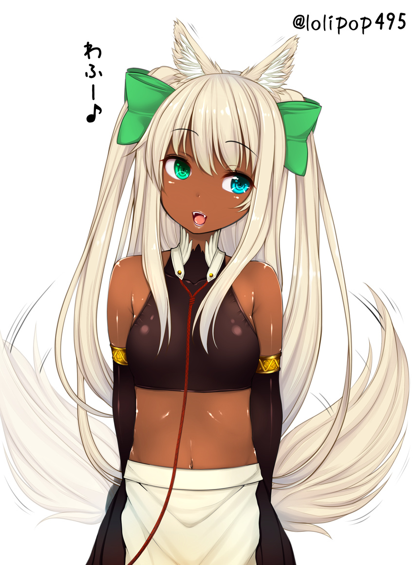 absurdres animal_ears arms_behind_back bare_shoulders blue_eyes bow cowboy_shot dark_skin detached_sleeves fangs fox_ears fox_tail green_eyes hair_bow heterochromia highres kiyomin long_hair maid musical_note navel open_mouth original shiny shiny_skin solo tail tail_wagging twitter_username two_side_up white_background