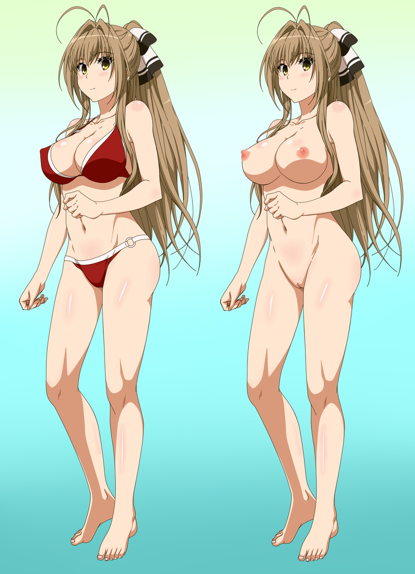 ahoge amagi_brilliant_park bare_shoulders barefoot bikini black_eyes blush breasts brown_hair cleavage feet full_body gradient gradient_background hair_ribbon highres large_breasts long_hair multiple_views nakahara_kouhei navel nipples nude nude_filter o-ring_bottom o-ring_top photoshop ponytail pussy red_bikini ribbon sento_isuzu shiny shiny_skin simple_background solo standing swimsuit thighs uncensored variations yellow_eyes