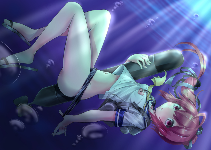 bad_id bad_pixiv_id i-168_(kantai_collection) kantai_collection konpotsu long_hair ponytail red_eyes red_hair sandals school_swimsuit school_uniform serafuku swimsuit swimsuit_pull swimsuit_under_clothes torpedo underwater upside-down