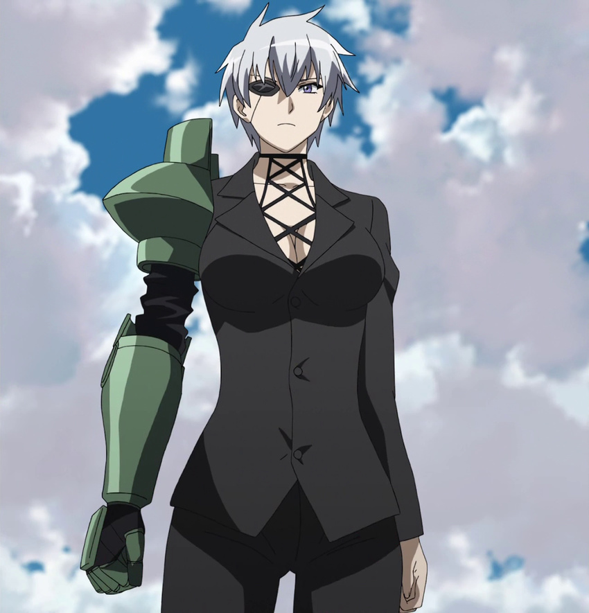 1girl akame_ga_kill! breasts cloud eyepatch female large_breasts mechanical_arm najenda purple_eyes screencap short_hair solo standing stitched white_hair