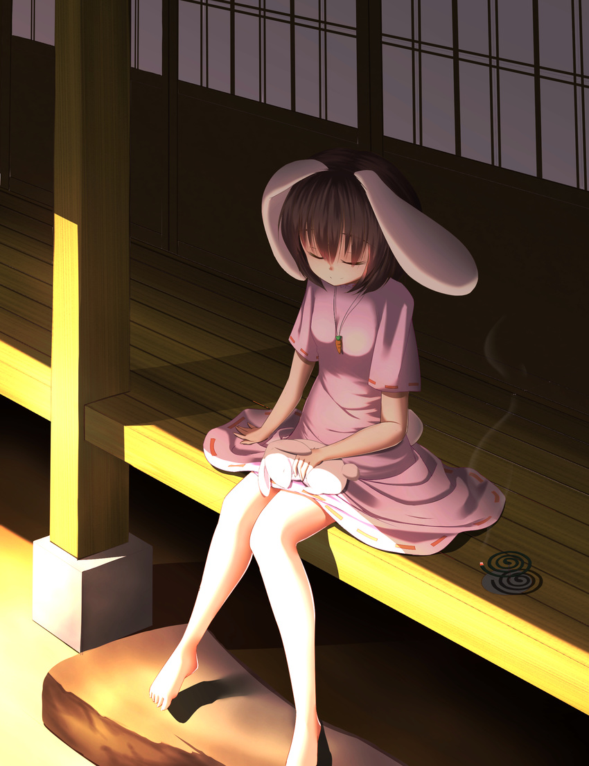 absurdres animal animal_ears animal_on_lap bad_id bad_pixiv_id bangs bare_legs barefoot black_hair breasts bunny bunny_ears carrot_necklace closed_eyes dress hair_between_eyes highres inaba_tewi jewelry knees_together_feet_apart light_smile mosquito_coil necklace outdoors pendant petting pink_dress rerrere ribbon_trim rock shade shadow short_hair short_sleeves shouji sitting sliding_doors small_breasts smile smoke touhou veranda