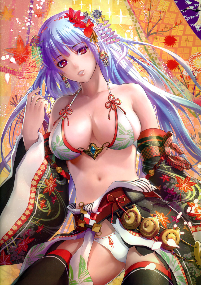 absurdres bikini_top black_legwear blue_hair breasts collarbone detached_sleeves earrings flower hair_flower hair_ornament highres huge_filesize japanese_clothes jewelry large_breasts leaf long_hair looking_at_viewer maple_leaf momose_hisashi navel original panties parted_lips red_eyes solo tassel thighhighs underwear white_panties wide_sleeves