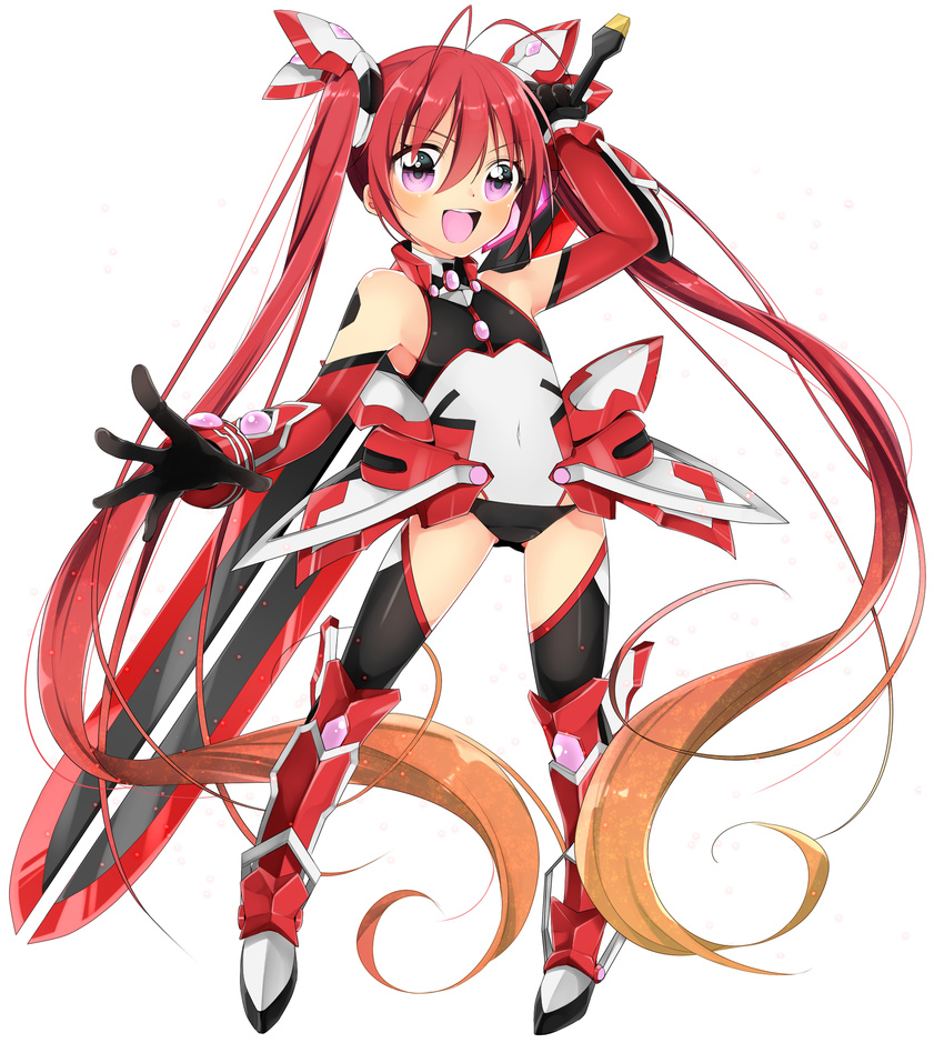 absurdly_long_hair antenna_hair armor armpits bangs bare_shoulders black_legwear blonde_hair blush boots bracer covered_navel elbow_gloves eyelashes faulds flat_chest full_body genderswap genderswap_(mtf) gloves gradient_hair greaves hair_between_eyes hanata hand_up happy headgear highres holding holding_weapon huge_weapon leotard long_hair looking_at_viewer magical_girl multicolored_hair open_mouth orange_hair ore_twintail_ni_narimasu outstretched_arm over_shoulder purple_eyes red_hair simple_background smile solo standing sword tailred turtleneck twintails vambraces very_long_hair weapon weapon_over_shoulder white_background