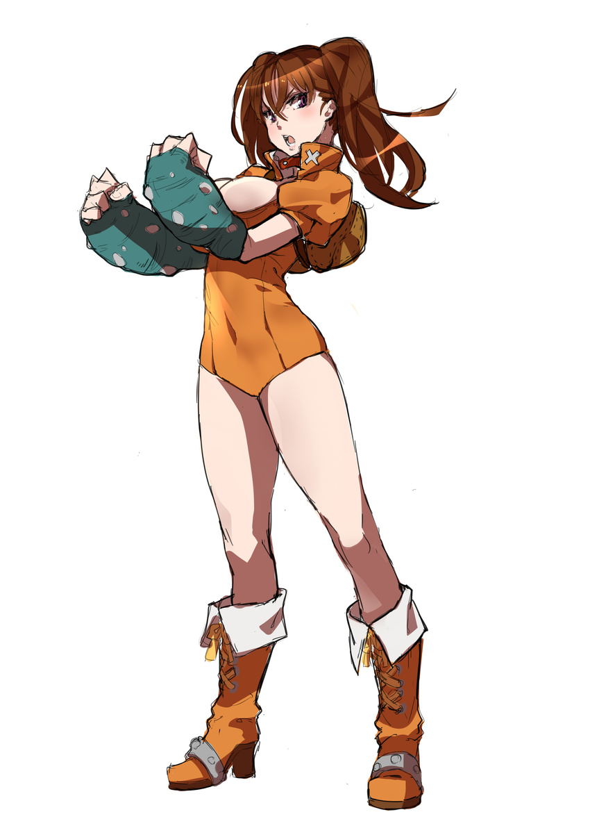 absurdres boots breasts brown_hair covered_navel cropped_jacket diane_(nanatsu_no_taizai) fingerless_gloves full_body gloves high_heel_boots high_heels highres knee_boots large_breasts leotard long_hair makai nanatsu_no_taizai orange_leotard oversized_forearms oversized_limbs purple_eyes solo twintails