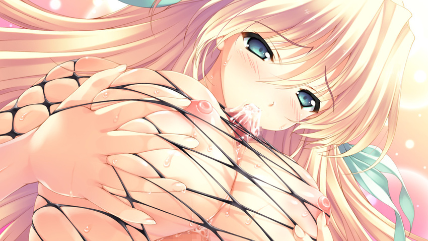 1girl blonde_hair blush breast_grab breasts censored cum ermalit_de_blanchefort fishnet_top fishnets game_cg grabbing green_eyes hair_ribbon huge_breasts long_hair love_2_quad naruse_hirofumi nipples paizuri penis ribbon skindentation solo wet