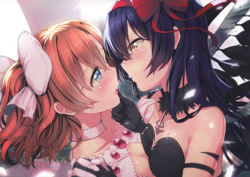 akuma_homura akuma_homura_(cosplay) bangs blue_eyes blue_hair blush bow breast_press breasts brown_hair choker collarbone cosplay embarrassed finger_to_another's_mouth hair_bow hair_ribbon hand_on_another's_chest hand_on_another's_chin haruken highres holding_hands kousaka_honoka long_hair love_live! love_live!_school_idol_project mahou_shoujo_madoka_magica mahou_shoujo_madoka_magica_movie medium_breasts multiple_girls open_mouth orange_hair ribbon scan short_hair smile sonoda_umi symmetrical_docking ultimate_madoka ultimate_madoka_(cosplay) wings yellow_eyes yuri