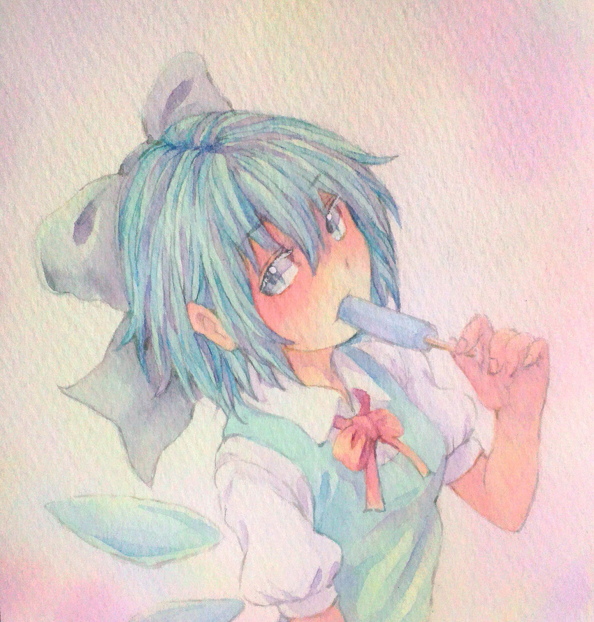 blue_eyes blue_hair bow bowtie cirno eating food hair_bow highres ice ice_wings looking_at_viewer pink_background popsicle puffy_short_sleeves puffy_sleeves short_hair short_sleeves solo touhou traditional_media upper_body watercolor_(medium) wings yuyu_(00365676)