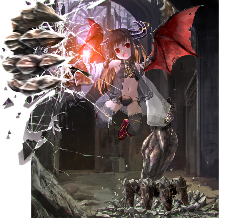 ahoge arm_support bare_shoulders black_hair black_legwear claws demon_girl demon_wings fourth_wall highres horns kouji_(astral_reverie) long_hair monster_girl navel open_mouth original pointy_ears red_eyes solo thighhighs wings