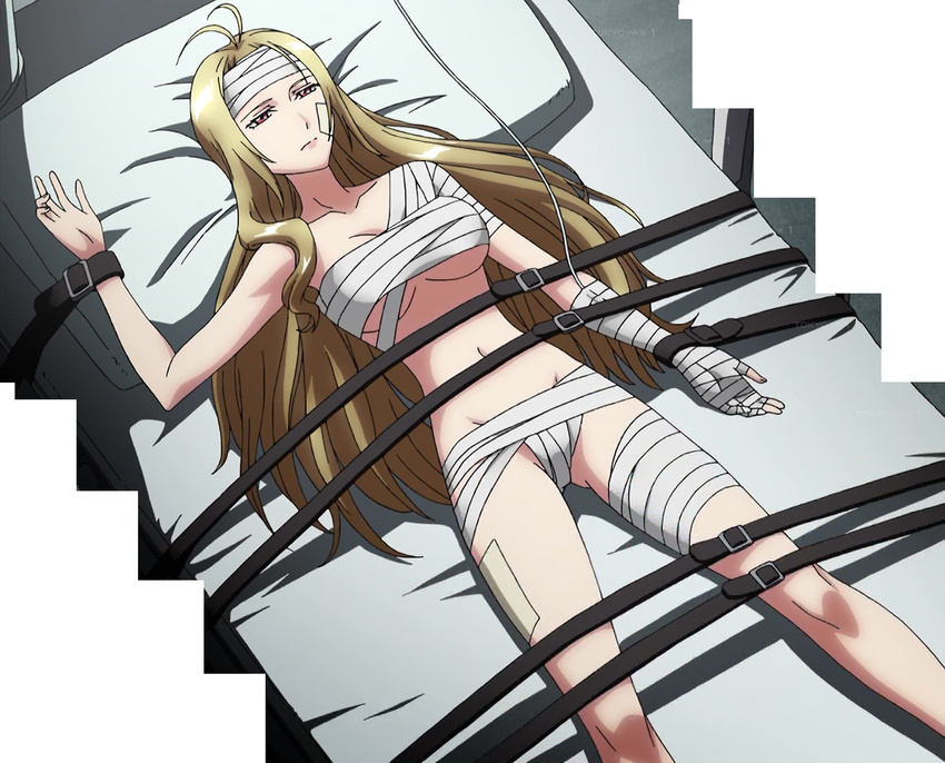 angelise_ikaruga_misurugi bandages bed blonde_hair breasts cross_ange highres long_hair red_eyes screencap solo underboob