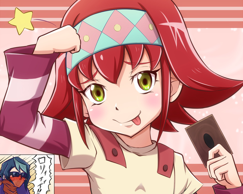 1girl :p akanerun ayukawa_ayu bad_id bad_pixiv_id blue_hair card child commentary_request dojikko_pose green_eyes headband kurosaki_shun red_hair scarf scarf_over_mouth striped_sleeves sunglasses tongue tongue_out yuu-gi-ou yuu-gi-ou_arc-v