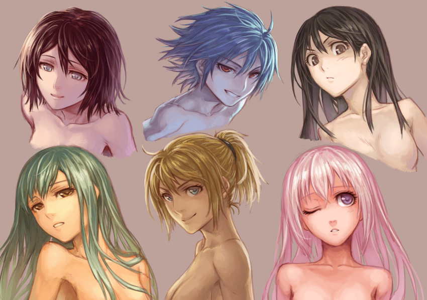 ahoge black_hair blonde_hair blue blue_eyes blue_hair blush breasts brown_eyes collarbone green green_hair grey_eyes grin long_hair medium_breasts multiple_girls no_nipples nude one_eye_closed open_mouth original parted_lips pink pink_hair purple_eyes red red_eyes red_hair short_hair sideboob small_breasts smile tatsuya_(atelier_road) upper_body yellow