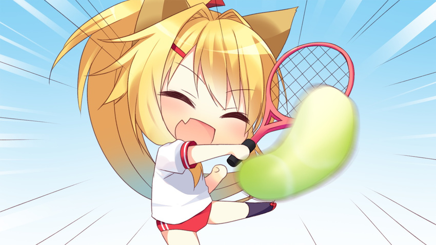 1girl amagi_karin animal_ears blonde_hair eyes_closed fox_ears game_cg long_hair magical_marriage_lunatics!! moonstone ribbon tennis yamakaze_ran