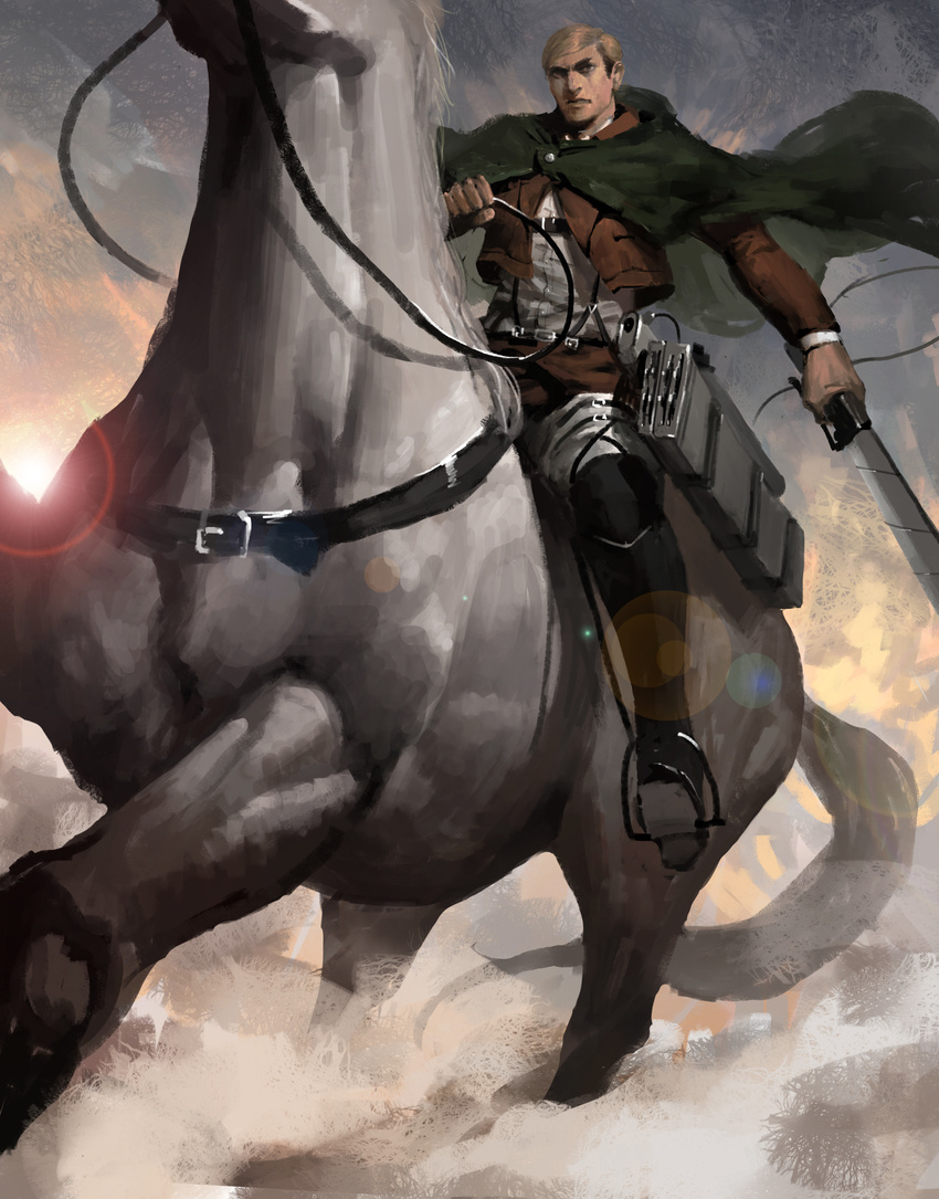 absurdres bad_id bad_pixiv_id belt blonde_hair boots cape diaodiao erwin_smith highres horse horseback_riding jacket male_focus paradis_military_uniform riding shingeki_no_kyojin solo sword thigh_strap three-dimensional_maneuver_gear weapon wire