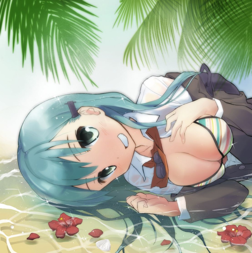 anshinmama aqua_hair bikini breasts cleavage clenched_hand collared_shirt flower green_eyes grin hair_ornament hairclip hand_on_own_chest hibiscus kantai_collection large_breasts long_hair lying lying_on_water on_side open_clothes open_shirt palm_tree partially_submerged petals shirt smile solo sparkle striped striped_bikini suzuya_(kantai_collection) swimsuit tree uniform upper_body water wet wet_clothes wet_hair wet_shirt white_shirt