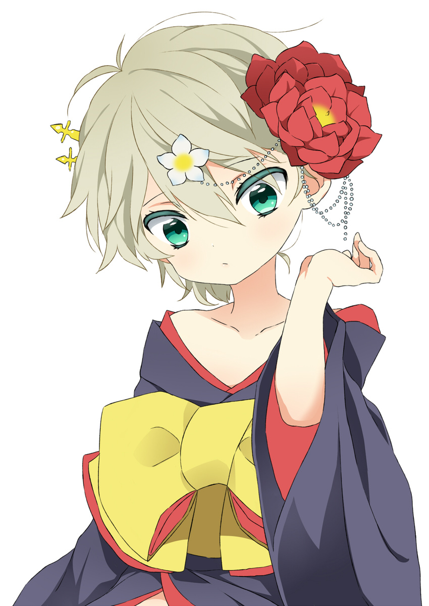 aldnoah.zero blush flower green_eyes hair_flower hair_ornament highres japanese_clothes male_focus mimoza otoko_no_ko short_hair silver_hair simple_background slaine_troyard solo tsurime white_background